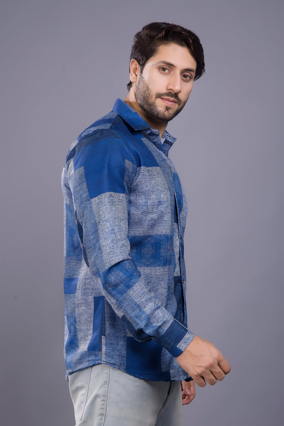 Navy Blue Checkered Printed Shirt