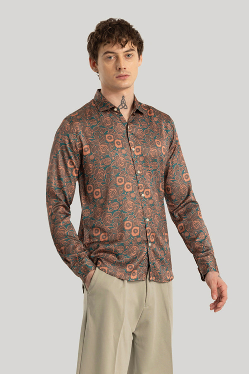 Vivace Brown Floral Satin Shirt