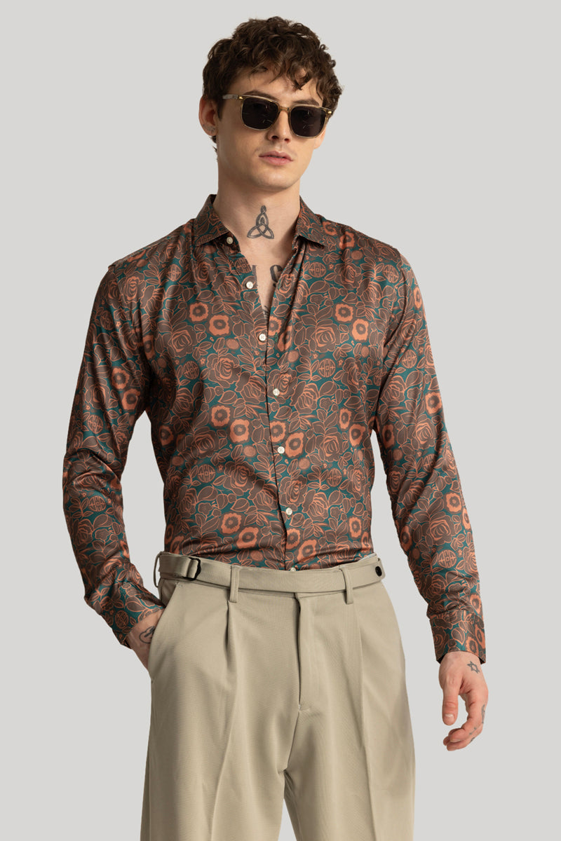 Vivace Brown Floral Satin Shirt