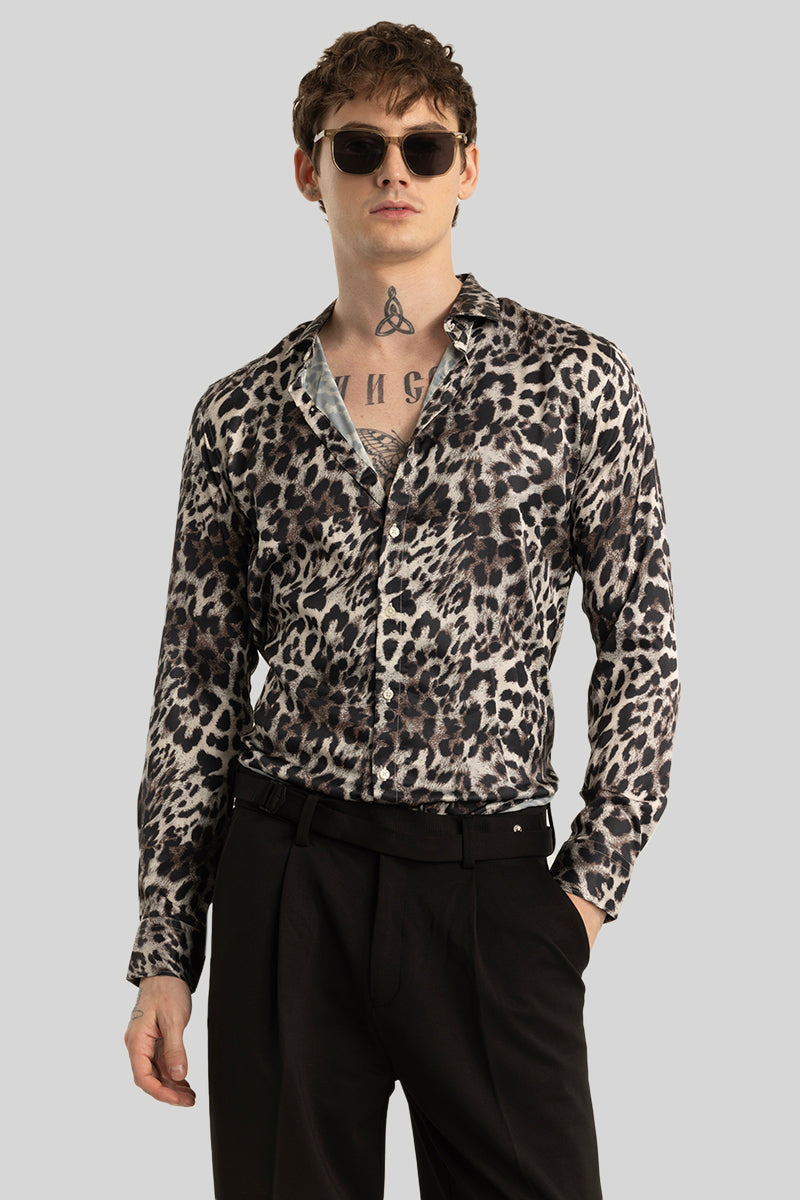 Fiero Light Grey Animal Print Velvet Shirt