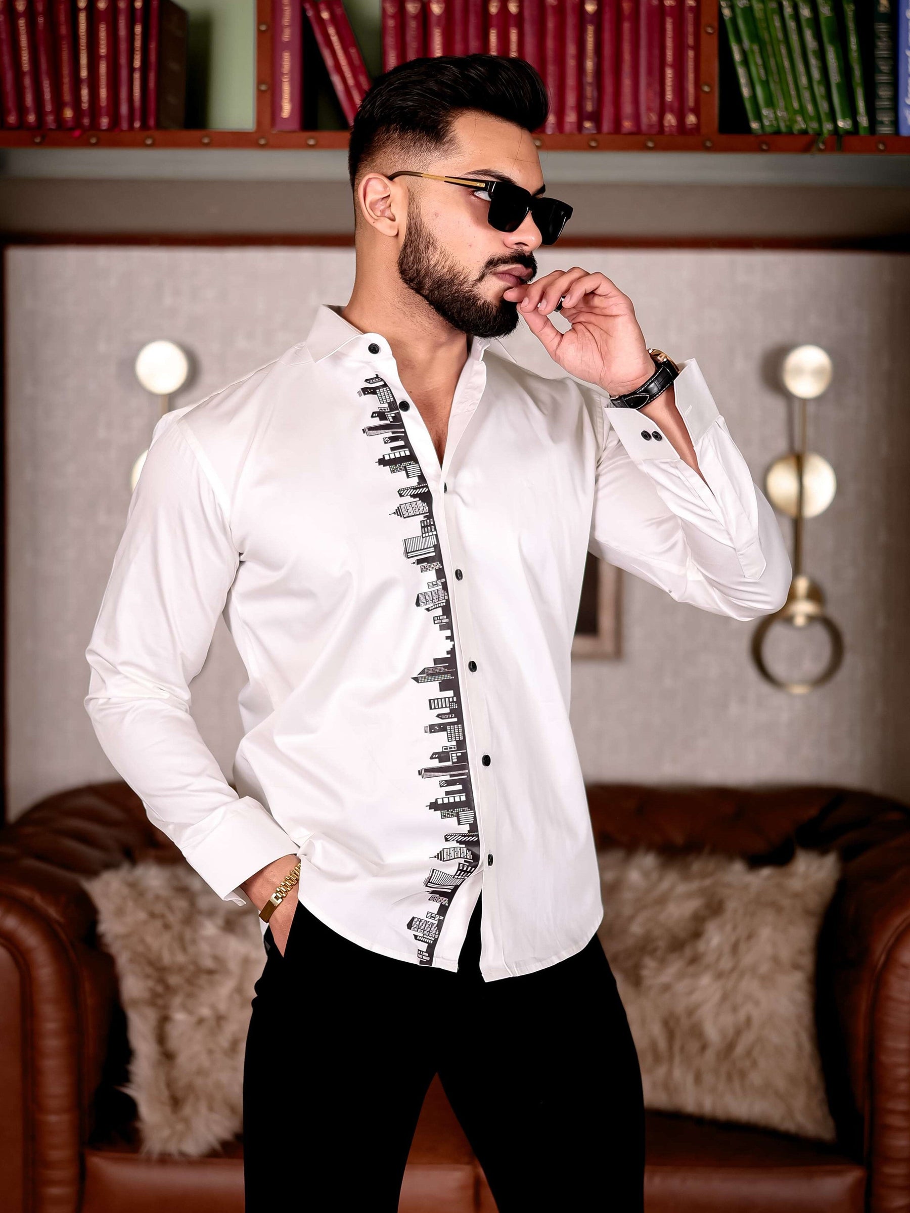 HipHop Street White Club Wear Printed Satin Cotton Shirt