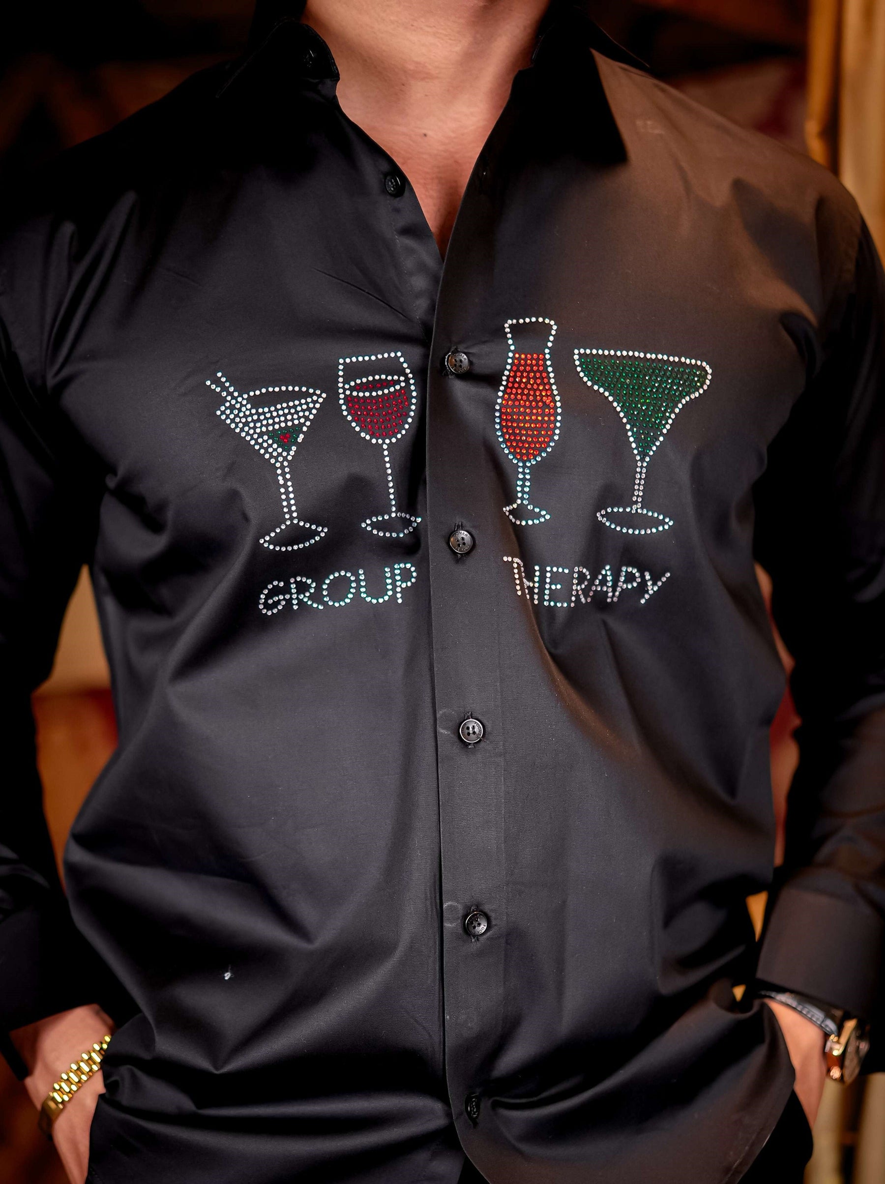 Black Club Wear Starry Beaded Satin Cotton Premium Party Shirt