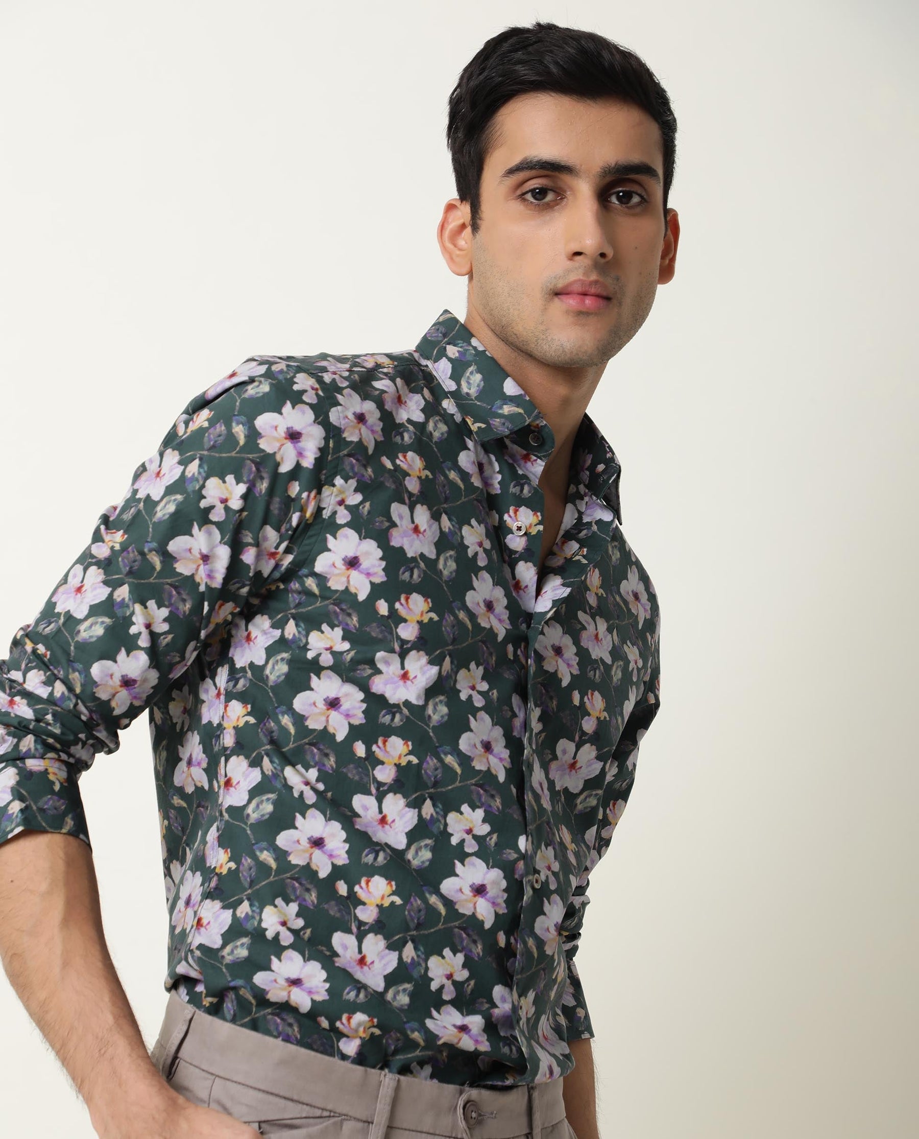 Paintt Green Floral Print Full Sleeves Shirt