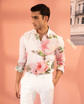 Slovens White Shirt Floral Print Full Sleeves Shirt