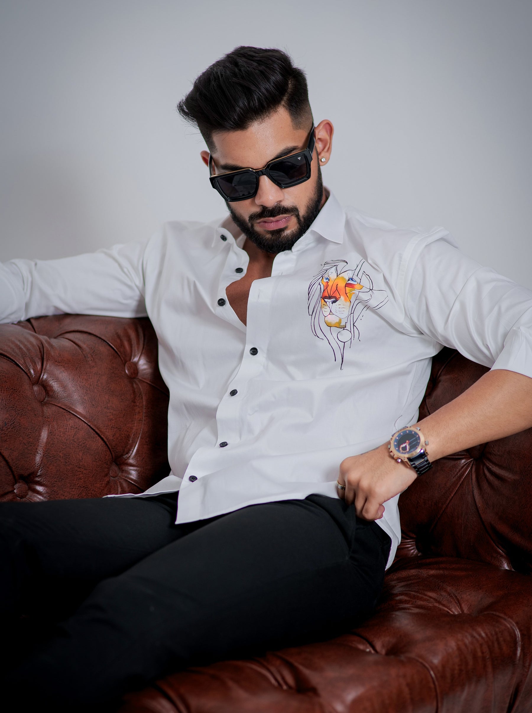 White Club Wear Printed Satin Cotton Shirt