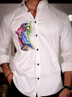 Lord Krishna White Club Wear Printed Satin Cotton Shirt