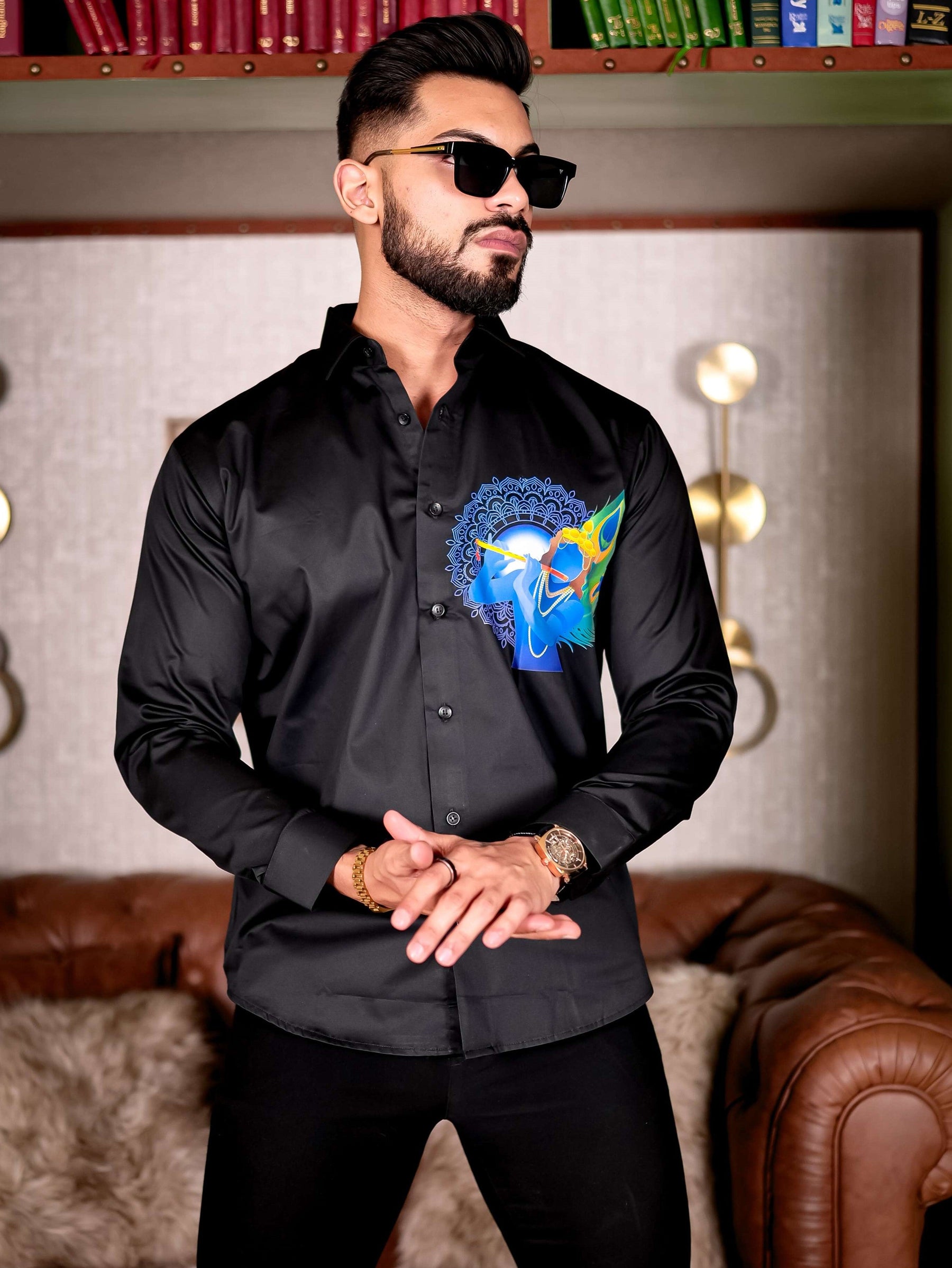 Lord Krishna Black Club Wear Printed Satin Cotton Shirt