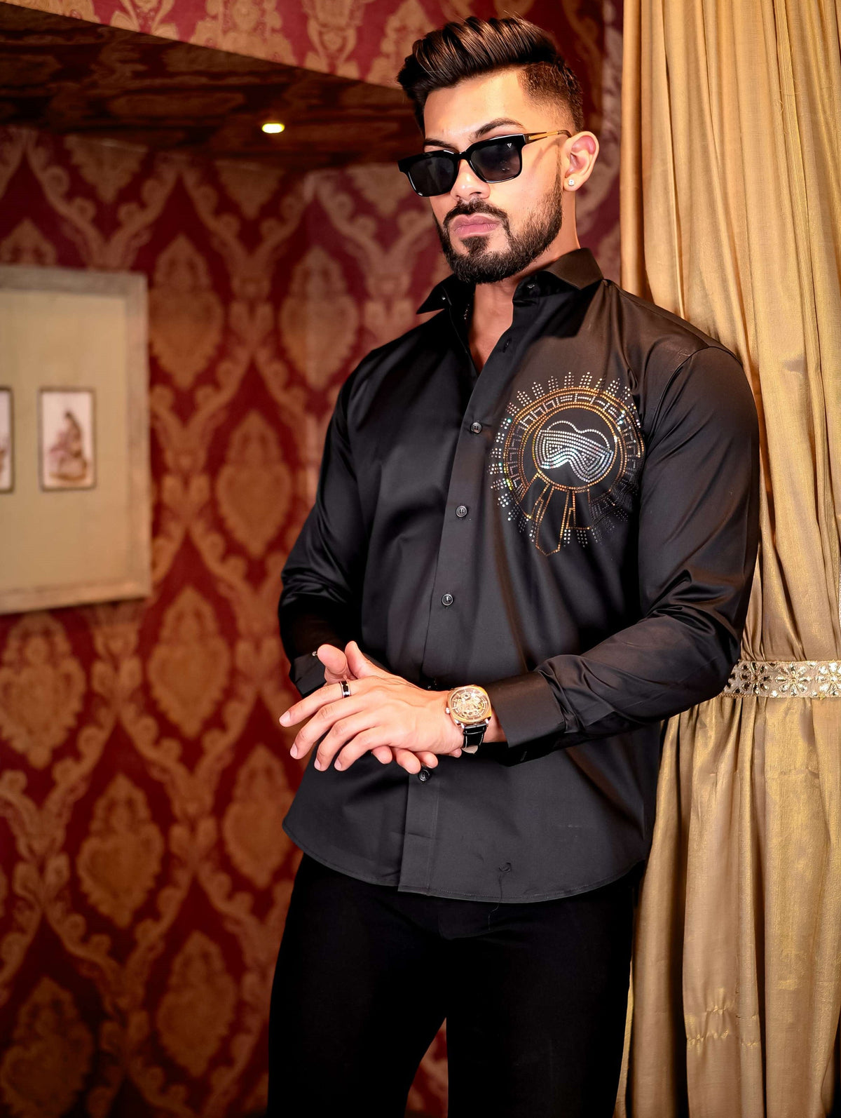 Black Club Wear Satin Cotton Party Shirt