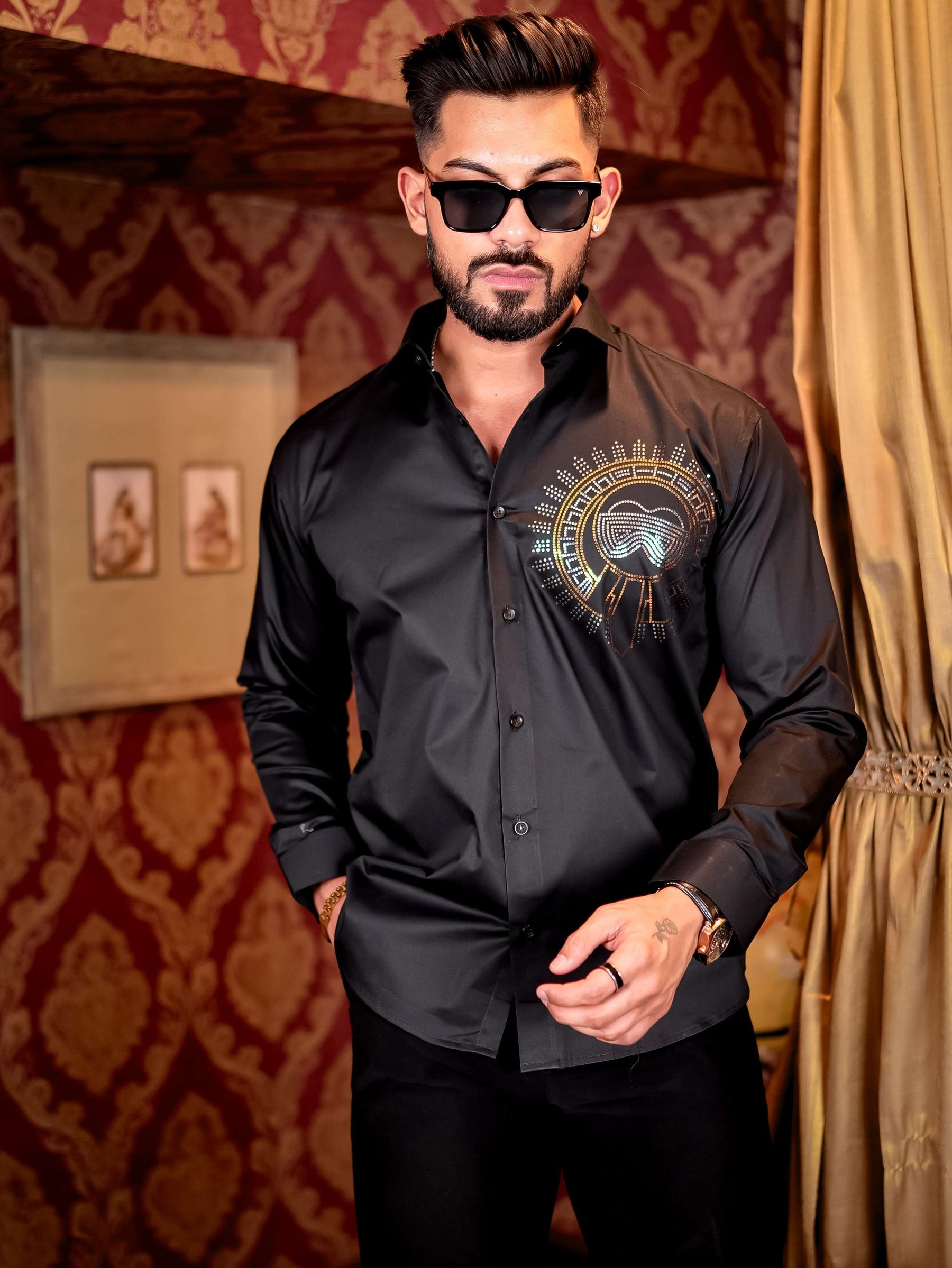 Black Club Wear Satin Cotton Party Shirt