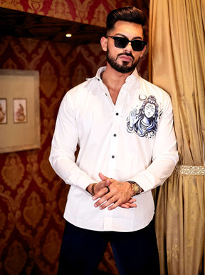 White Lord Shiva Club Wear Printed Satin Cotton Shirt