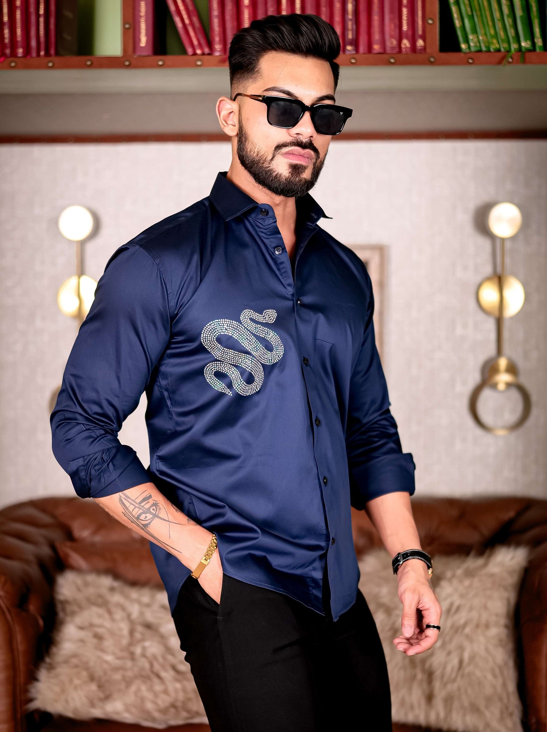 Navy Starry Beaded Club Wear Printed Satin Cotton Shirt