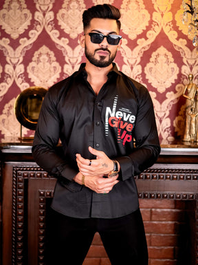 Never Give Up Black Club Wear Printed Satin Cotton Shirt