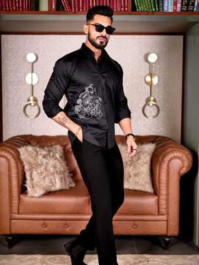 Black Starry Beaded SATIN COTTON PREMIUM PARTY SHIRT