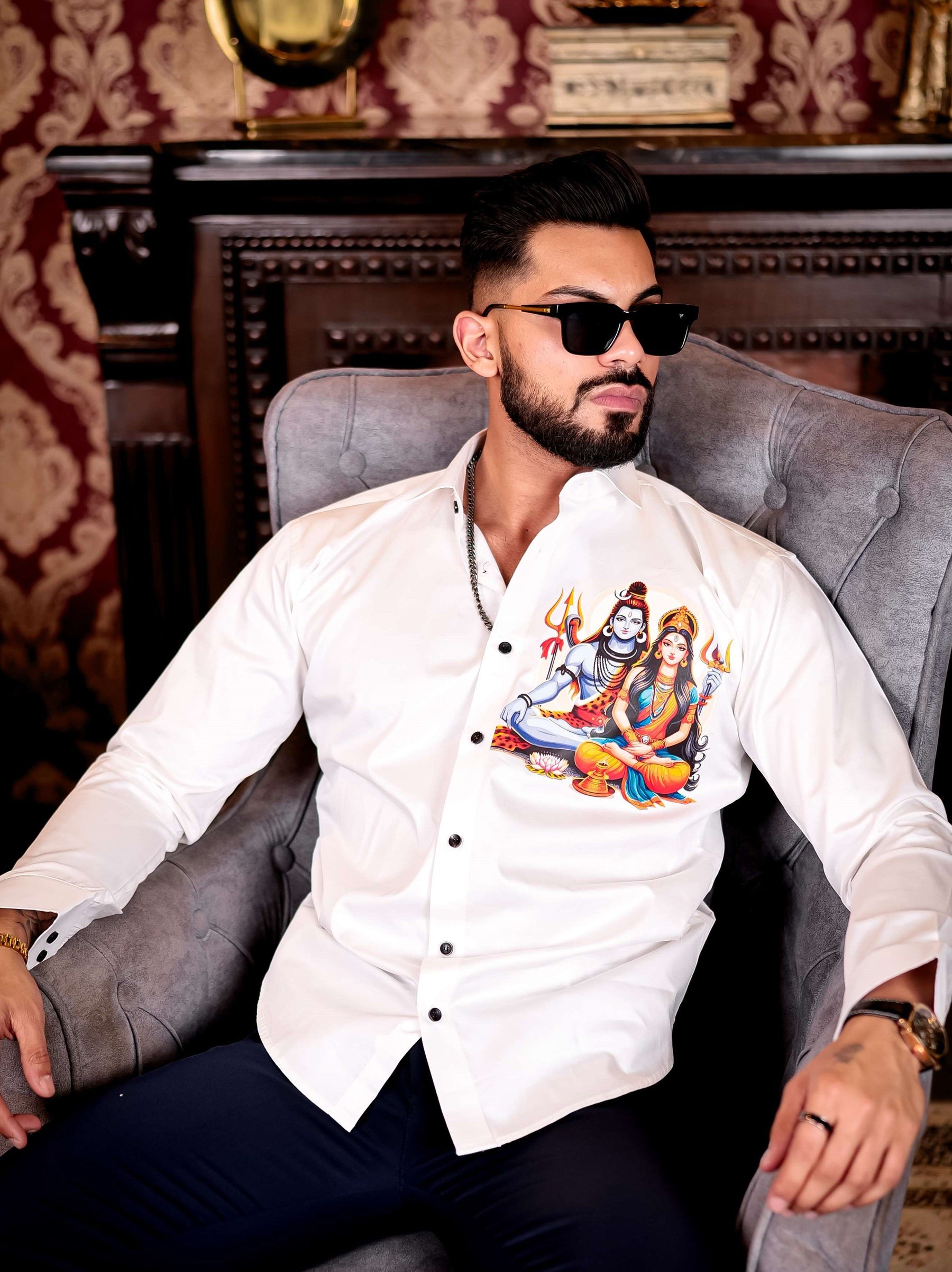 White Lord Adiparashakti Club Wear Printed Satin Cotton Shirt