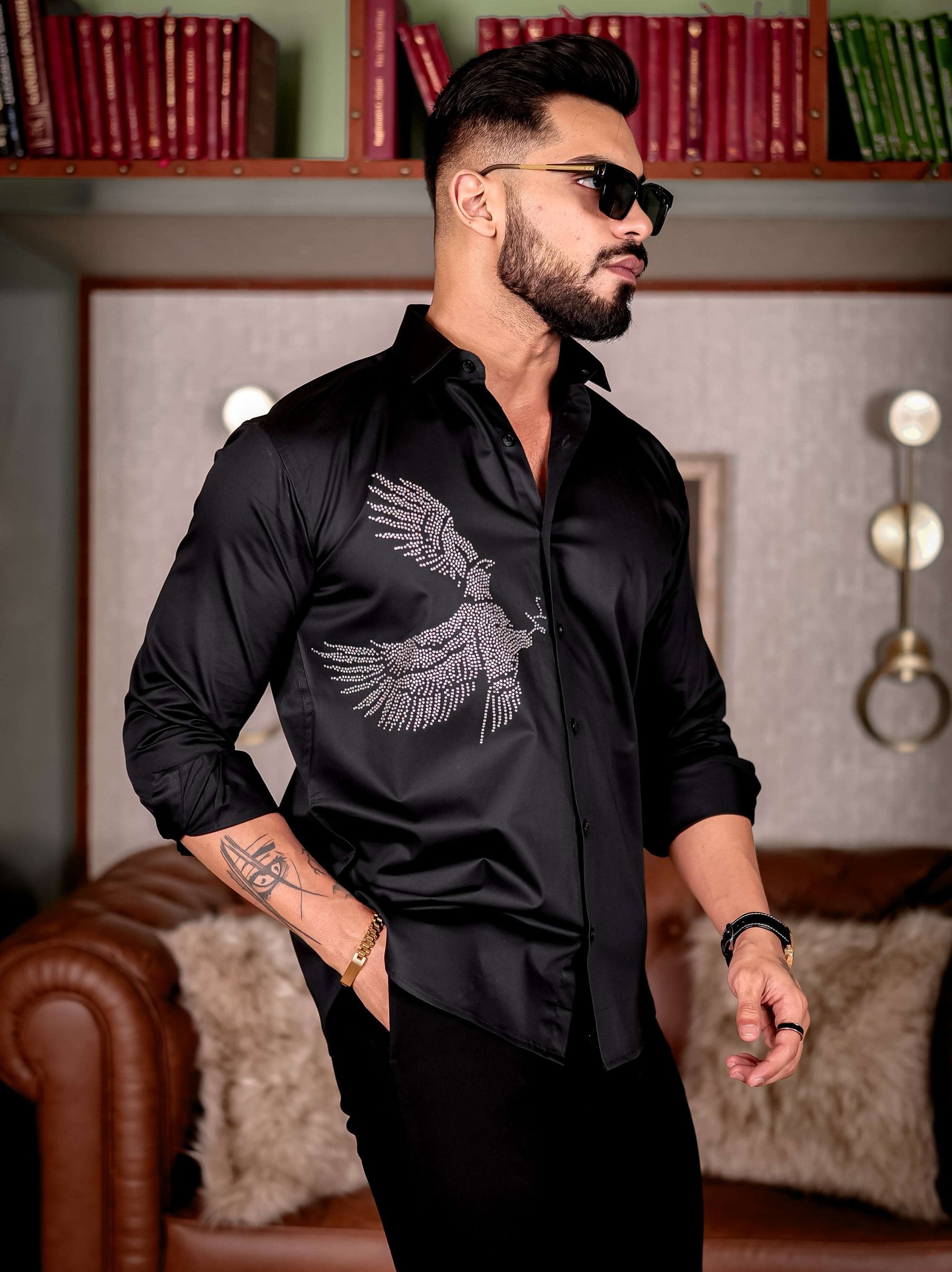 Black Eagle Club Wear Starry Beaded Satin Cotton Premium Party Shirt