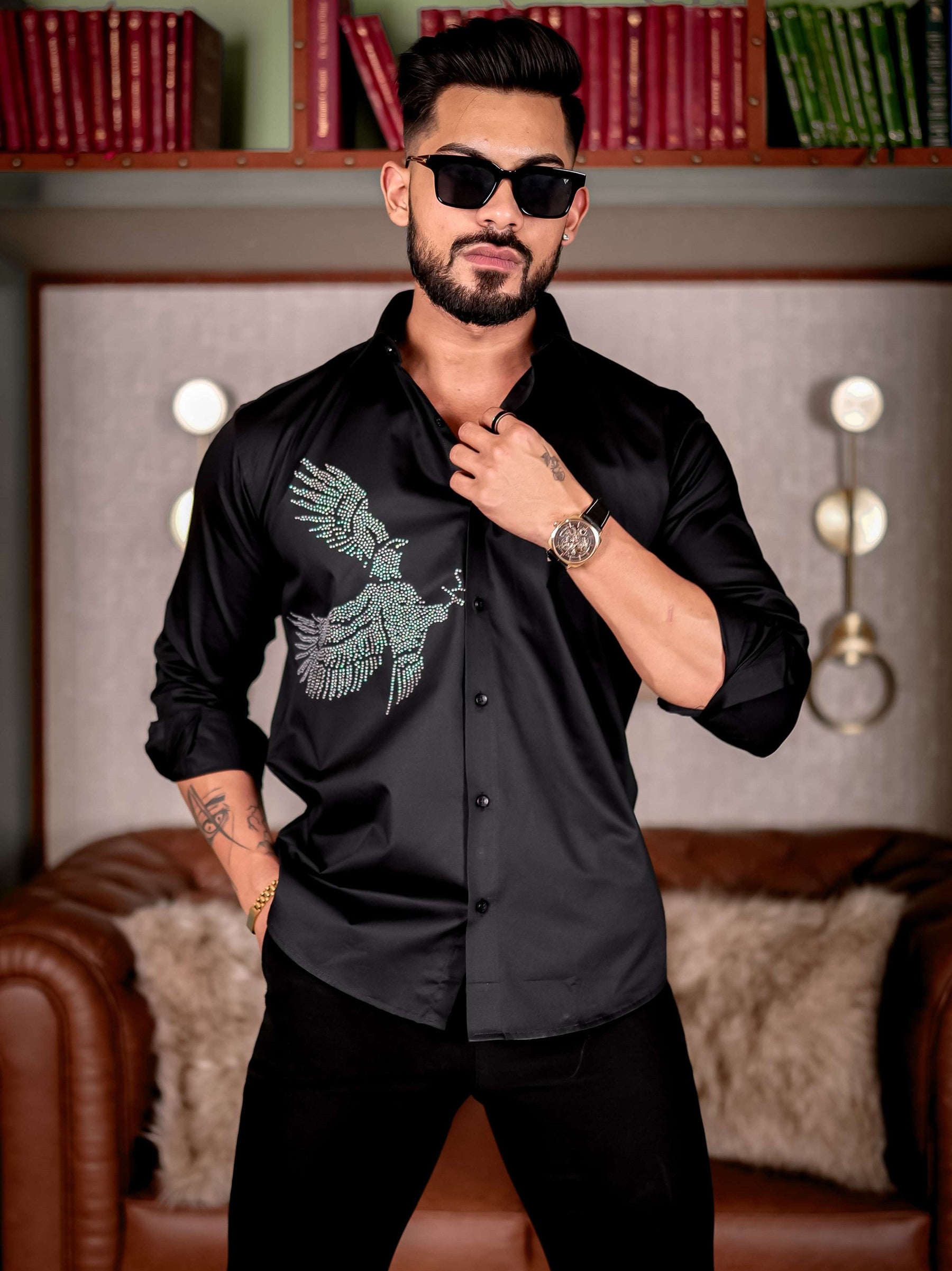 Black Eagle Club Wear Starry Beaded Satin Cotton Premium Party Shirt