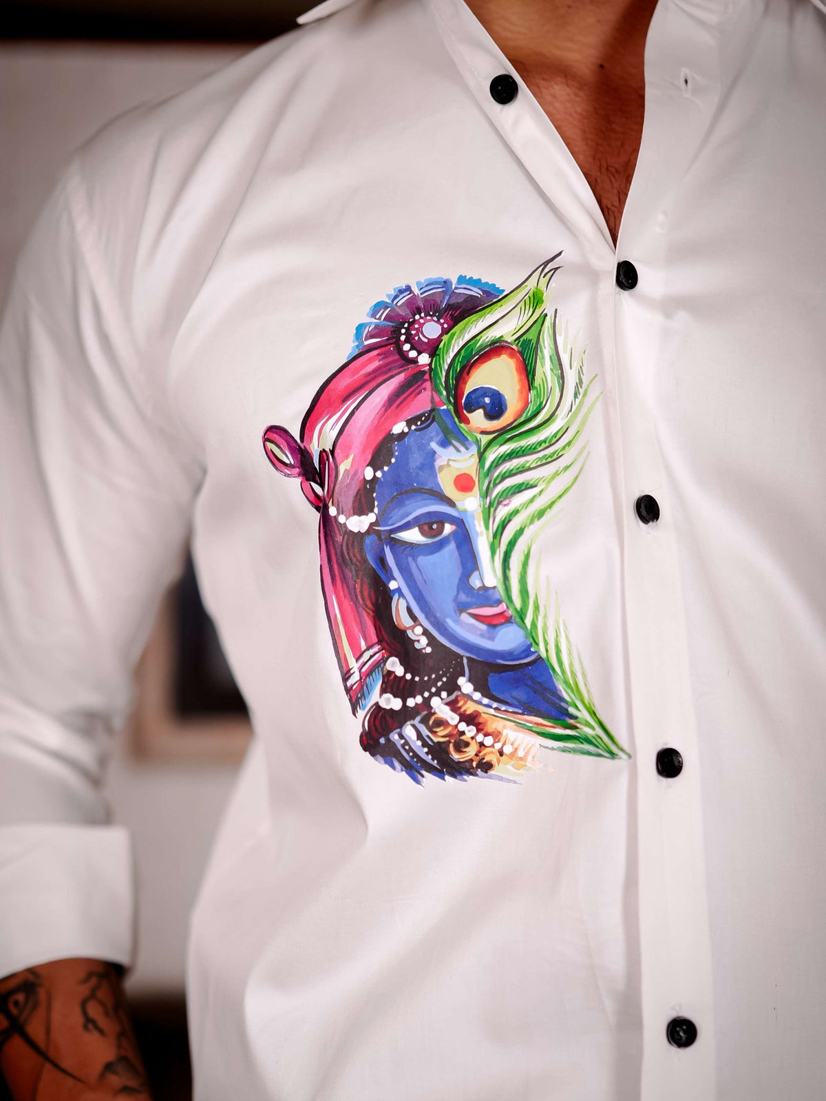 Lord Krishna White Club Wear Printed Satin Cotton Shirt