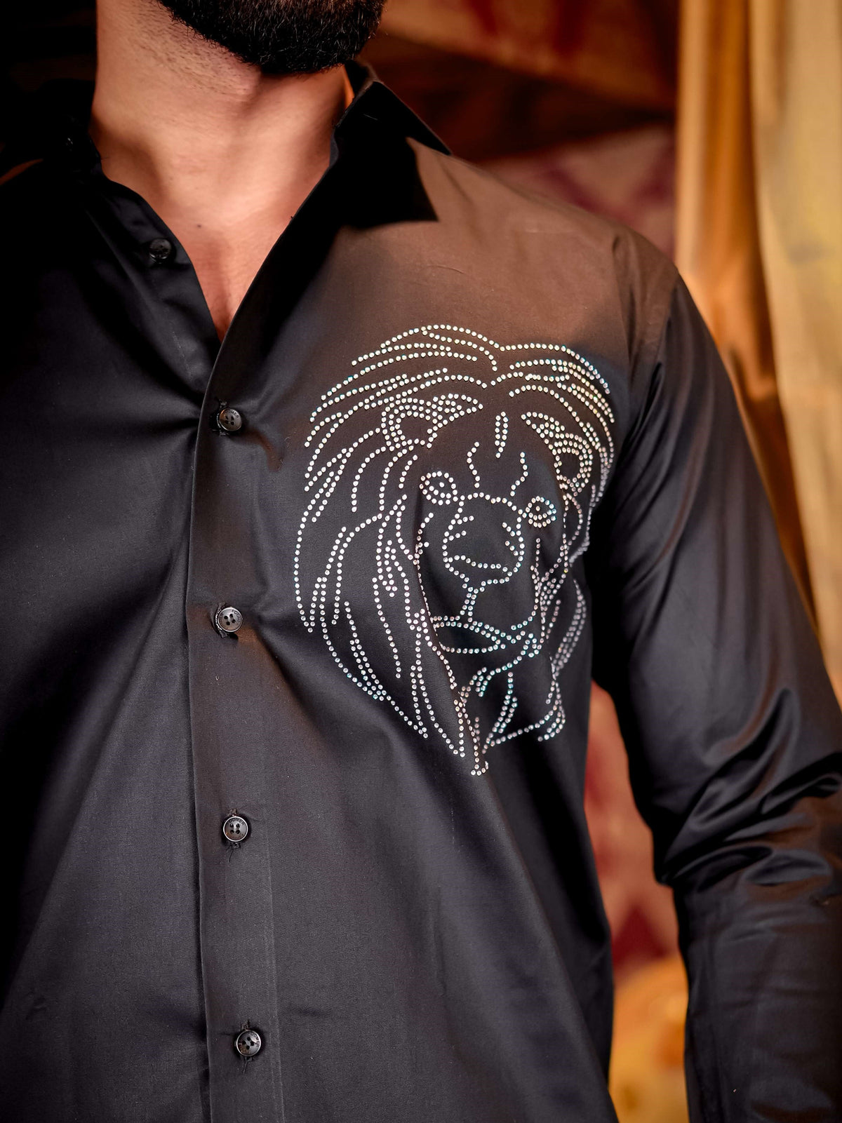 Black Mufasa Starry Beaded Satin Cotton Premium Party Shirt