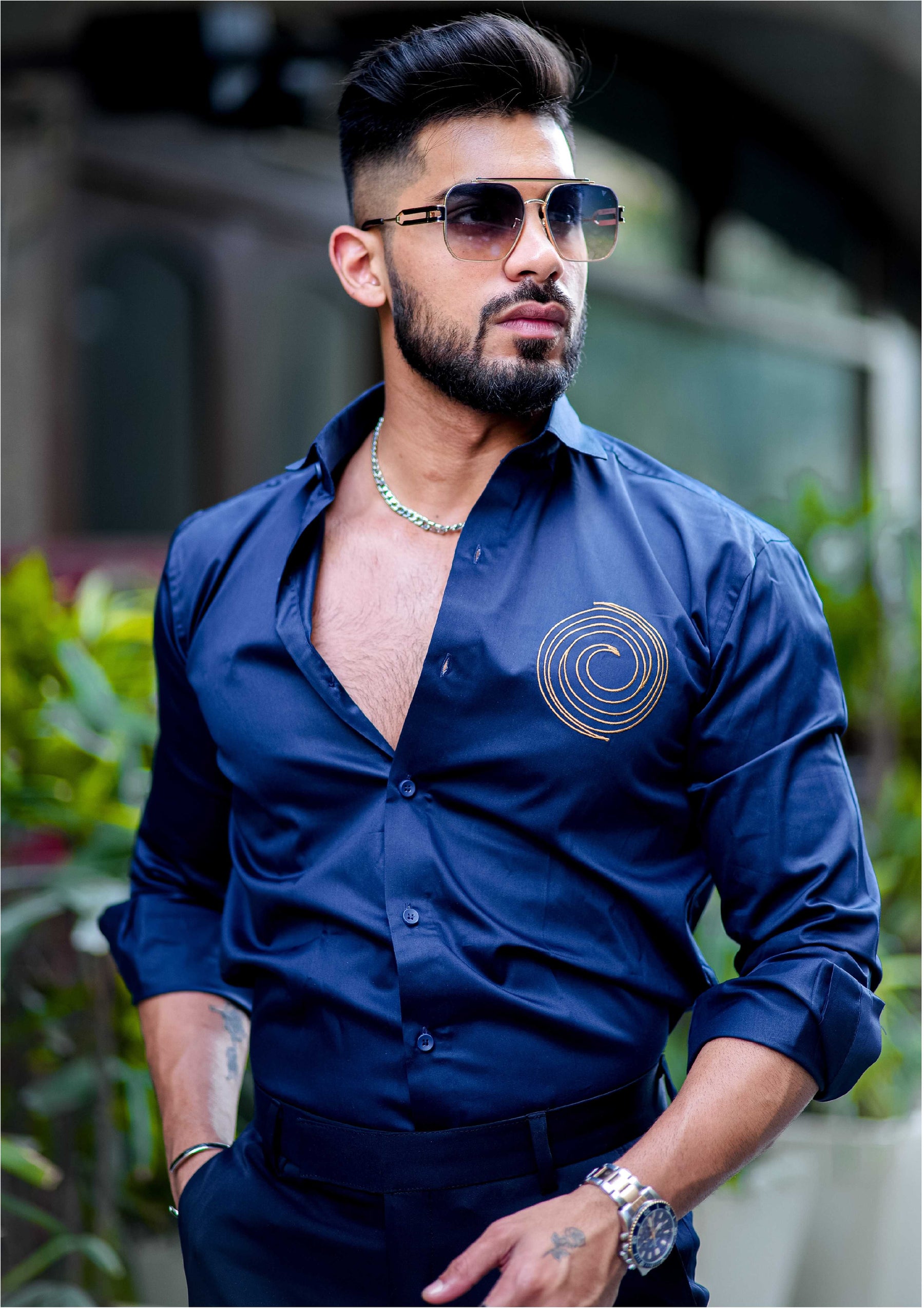 Round Embroidered Navy Premium Shirt For Men