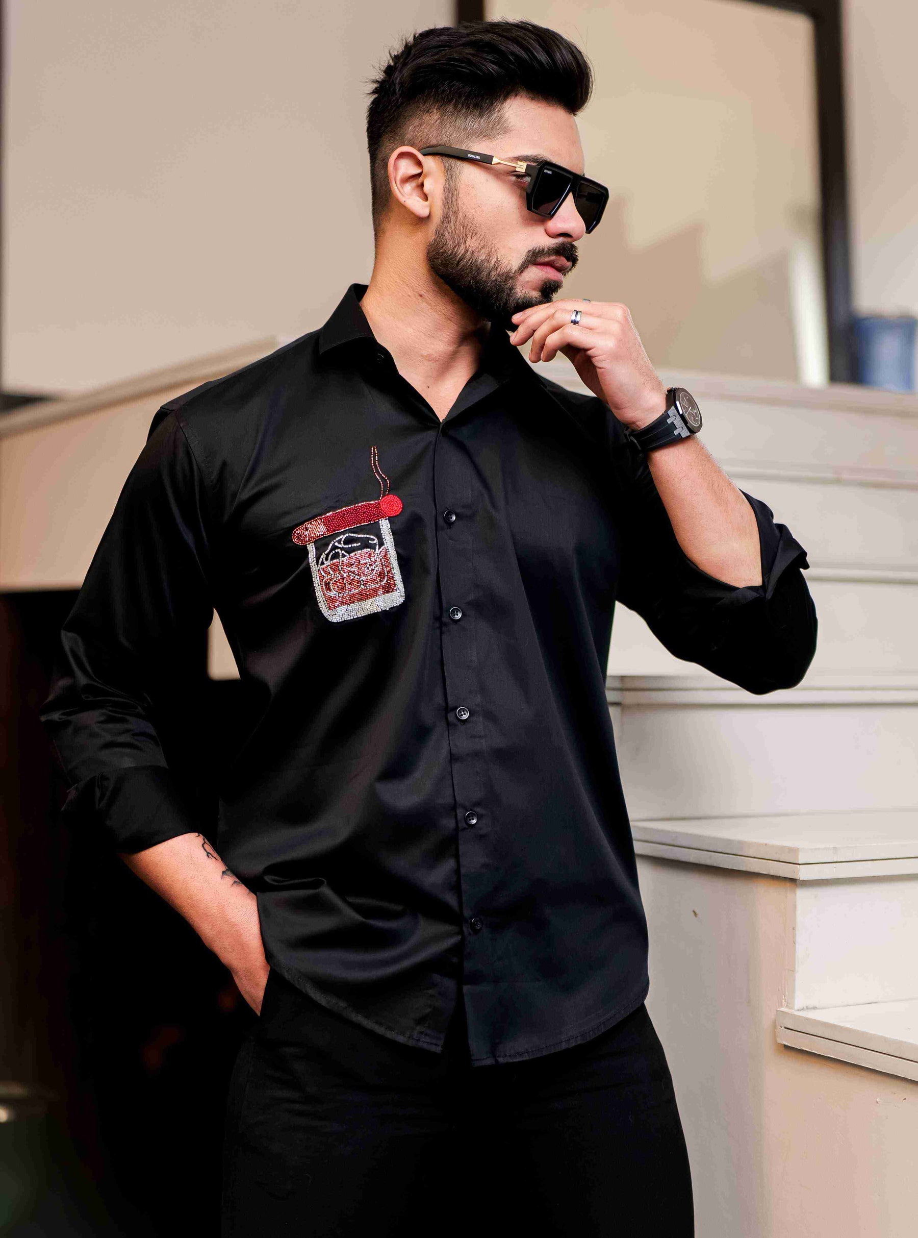 Black Rhinestone Hand Work Satin Cotton Premium Shirt