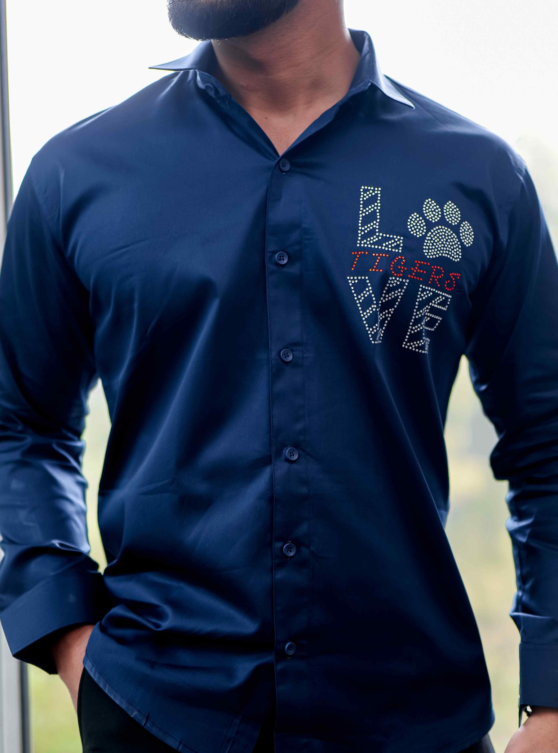 Navy Starry Beaded Satin Cotton Premium Party Shirt