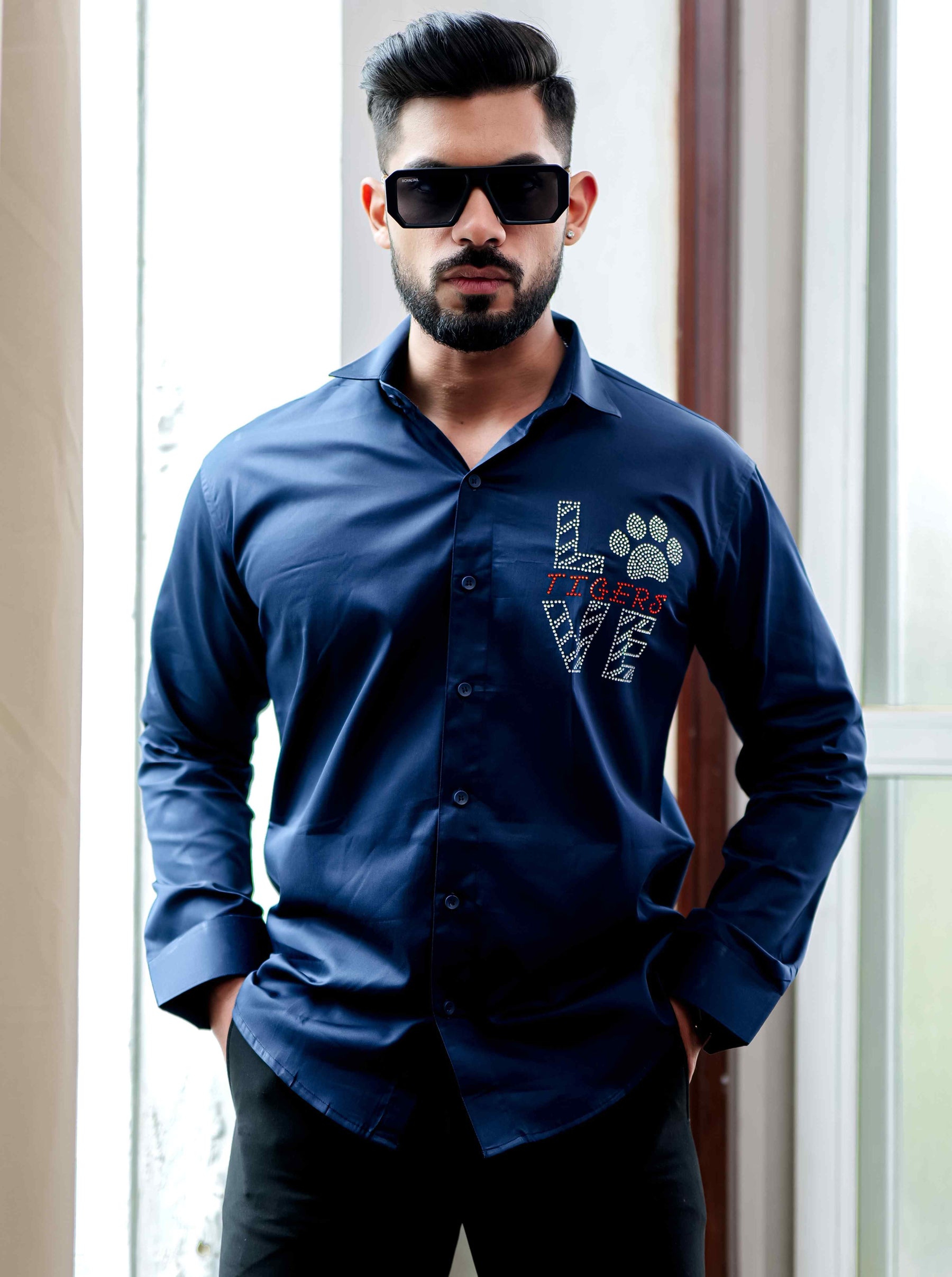 Navy Starry Beaded Satin Cotton Premium Party Shirt