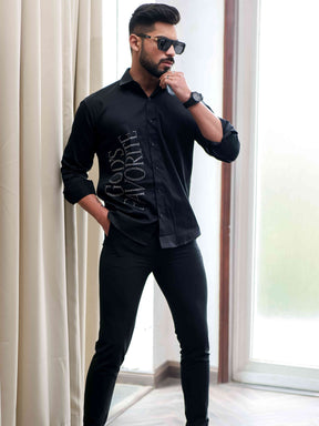 Black Starry Beaded Satin Cotton Premium Party Shirt