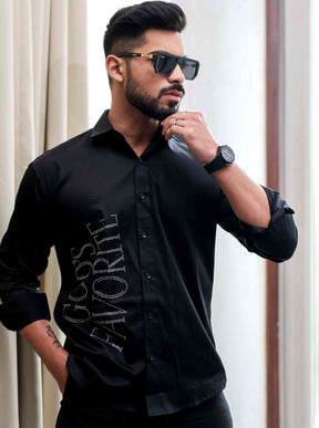 Black Starry Beaded Satin Cotton Premium Party Shirt