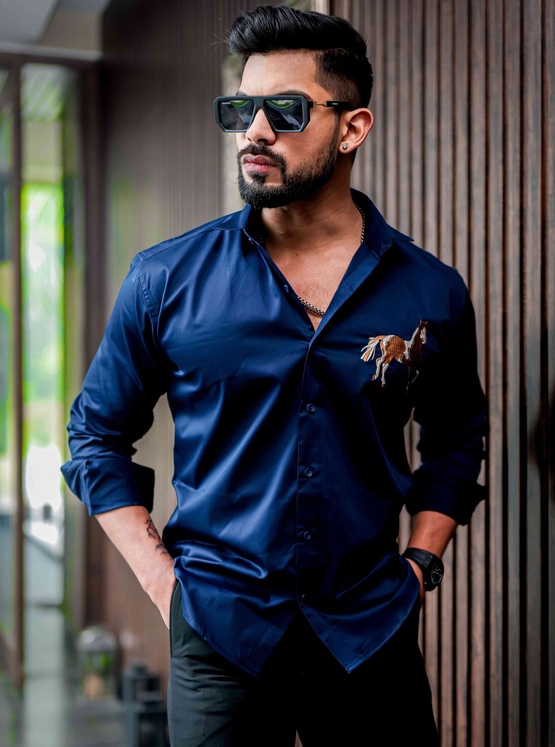 Horse Golden Embroidered Blue Premium Shirt For Men