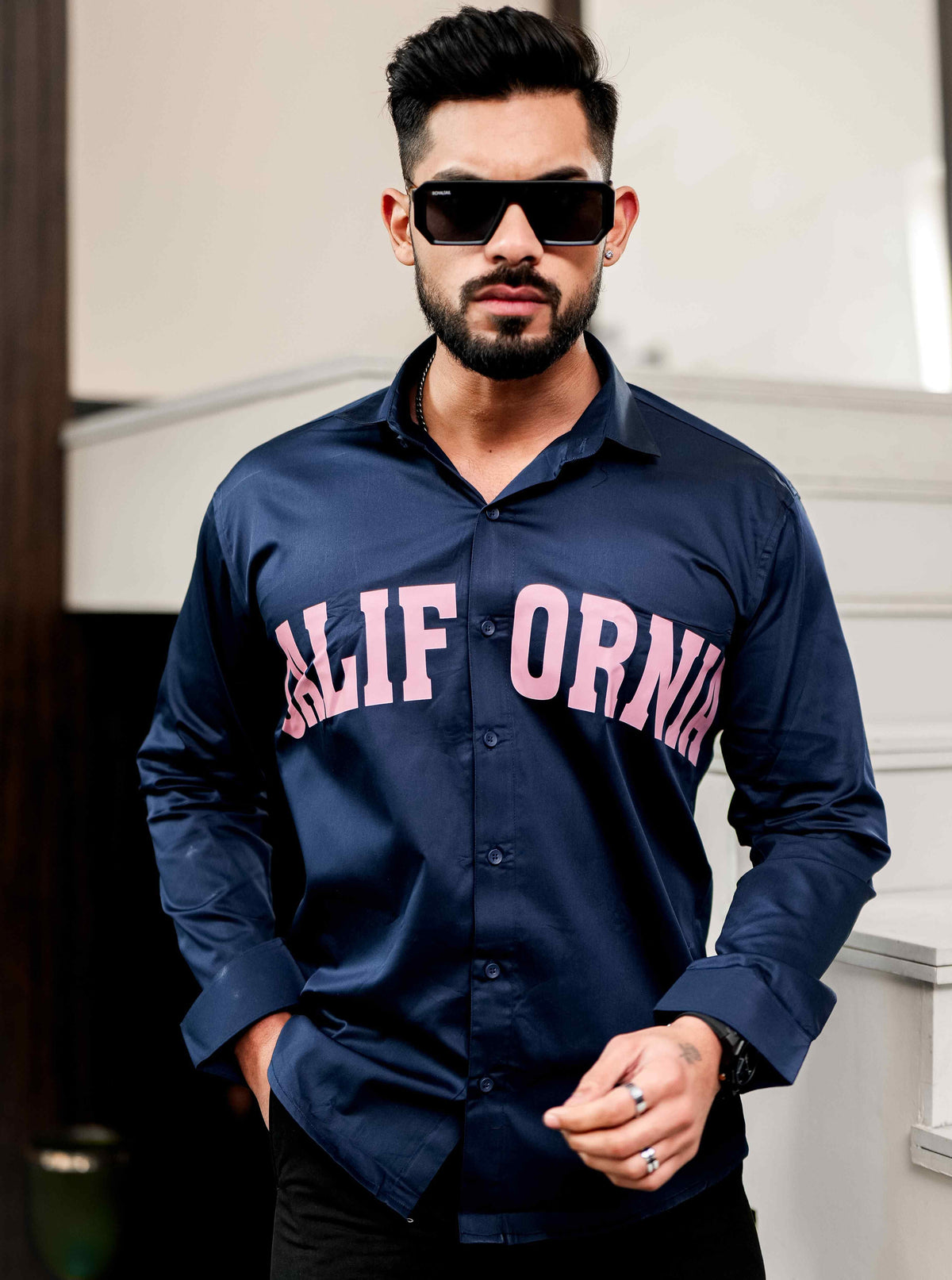 Navy Club Wear Printed Satin Cotton Shirt