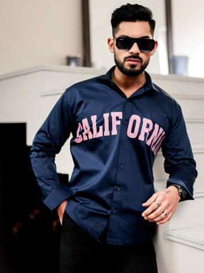 Navy Club Wear Printed Satin Cotton Shirt