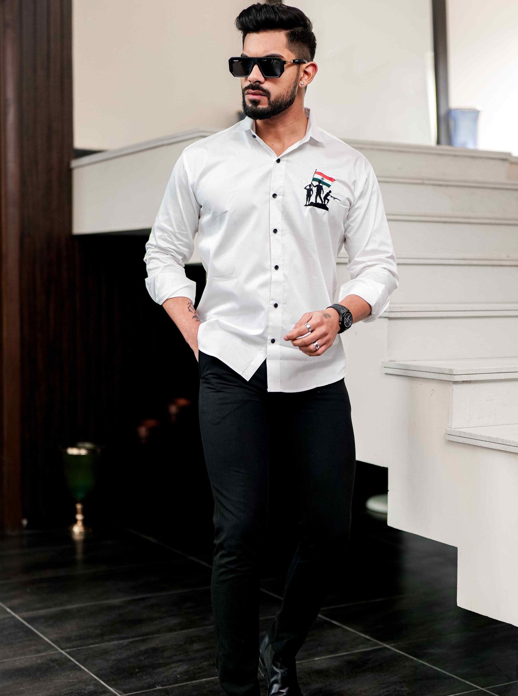 White Indian Flag Embroidered Satin Cotton Shirt