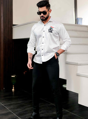 White Indian Flag Embroidered Satin Cotton Shirt