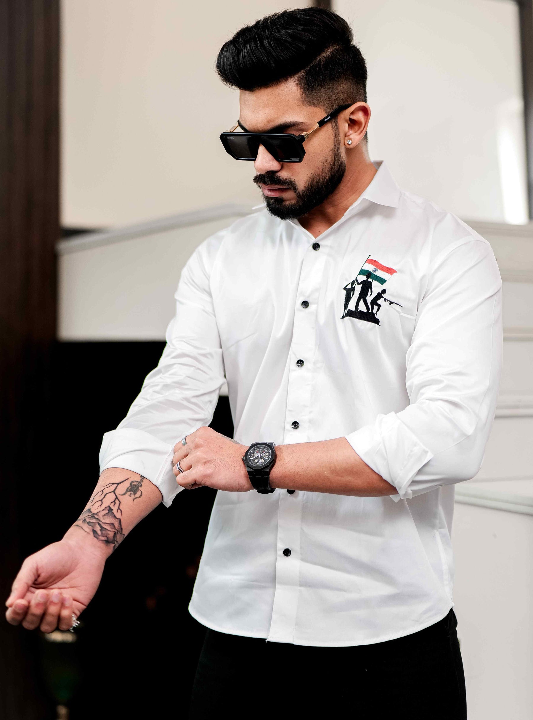 White Indian Flag Embroidered Satin Cotton Shirt