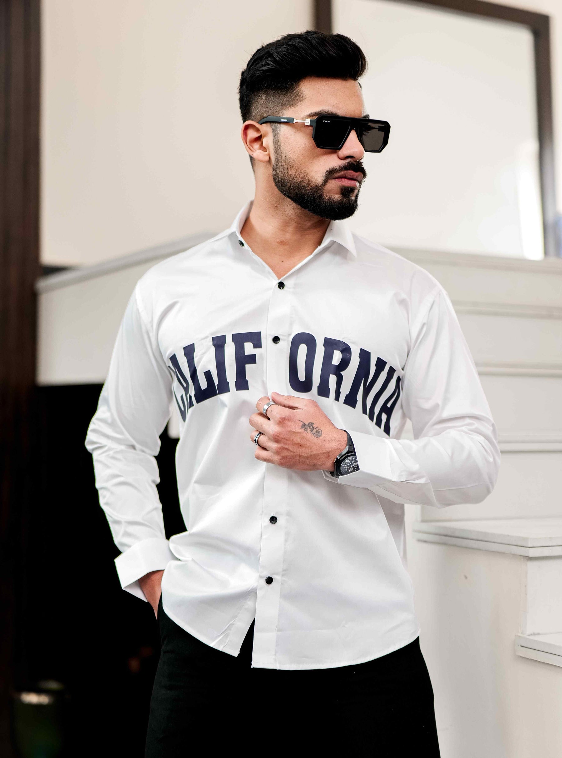 White Club Wear Printed Satin Cotton Shirt