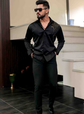 Black Club Wear Satin Cotton Party Shirt