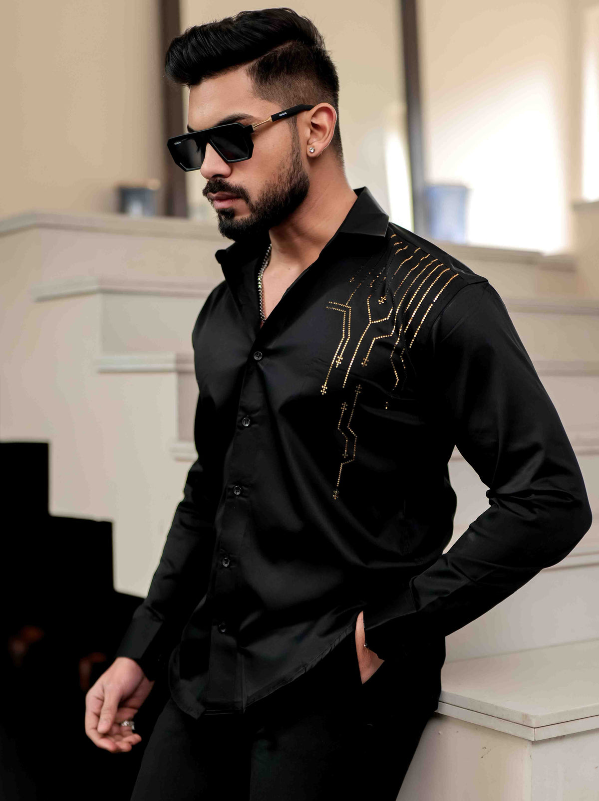 Black Club Wear Satin Cotton Party Shirt