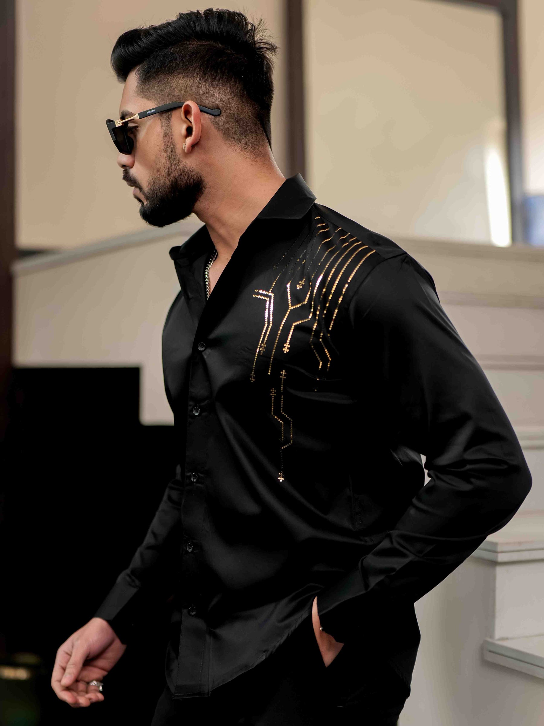 Black Club Wear Satin Cotton Party Shirt