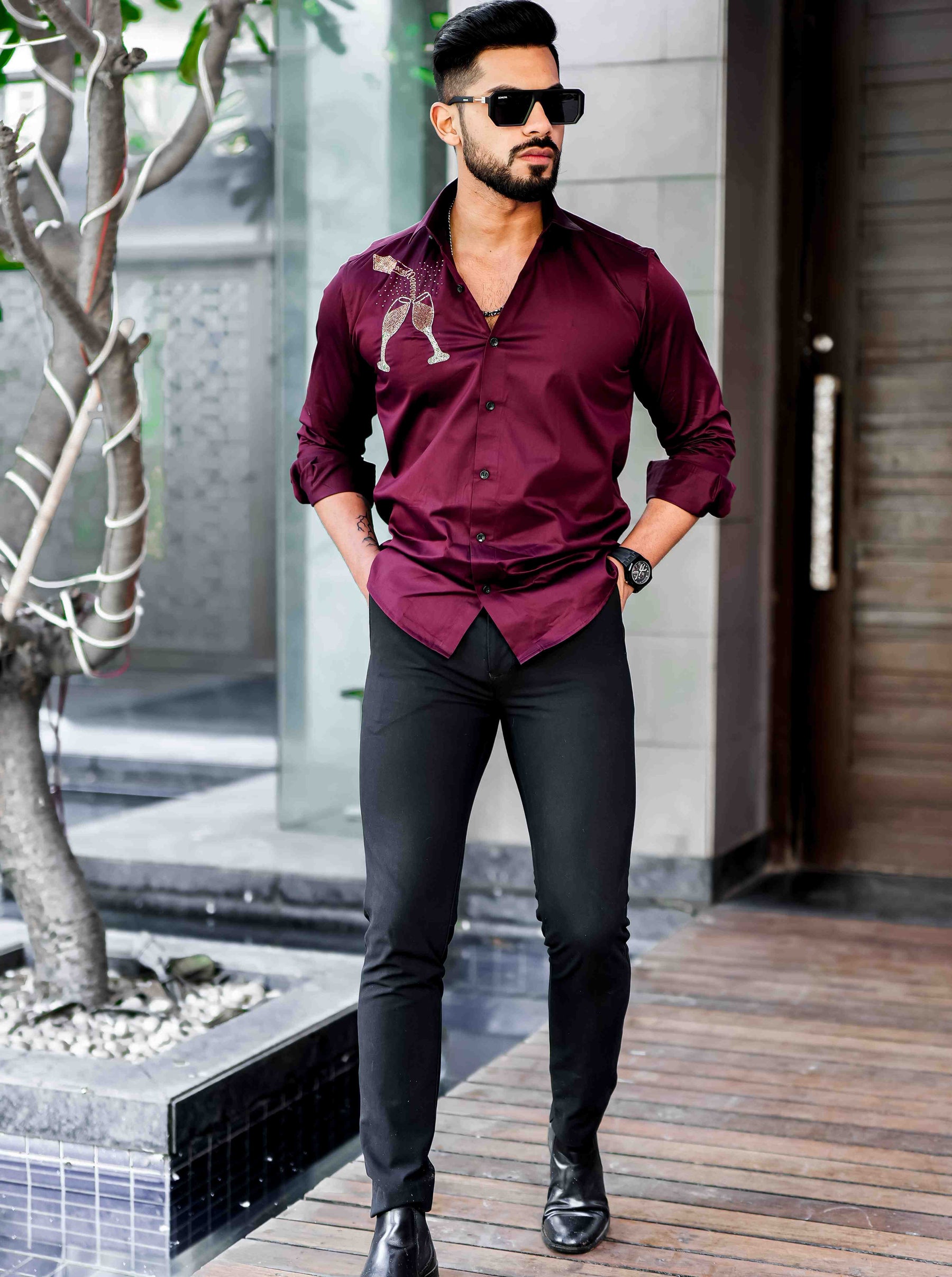 Maroon Rhinestone Hand Work Satin Cotton Premium Shirt