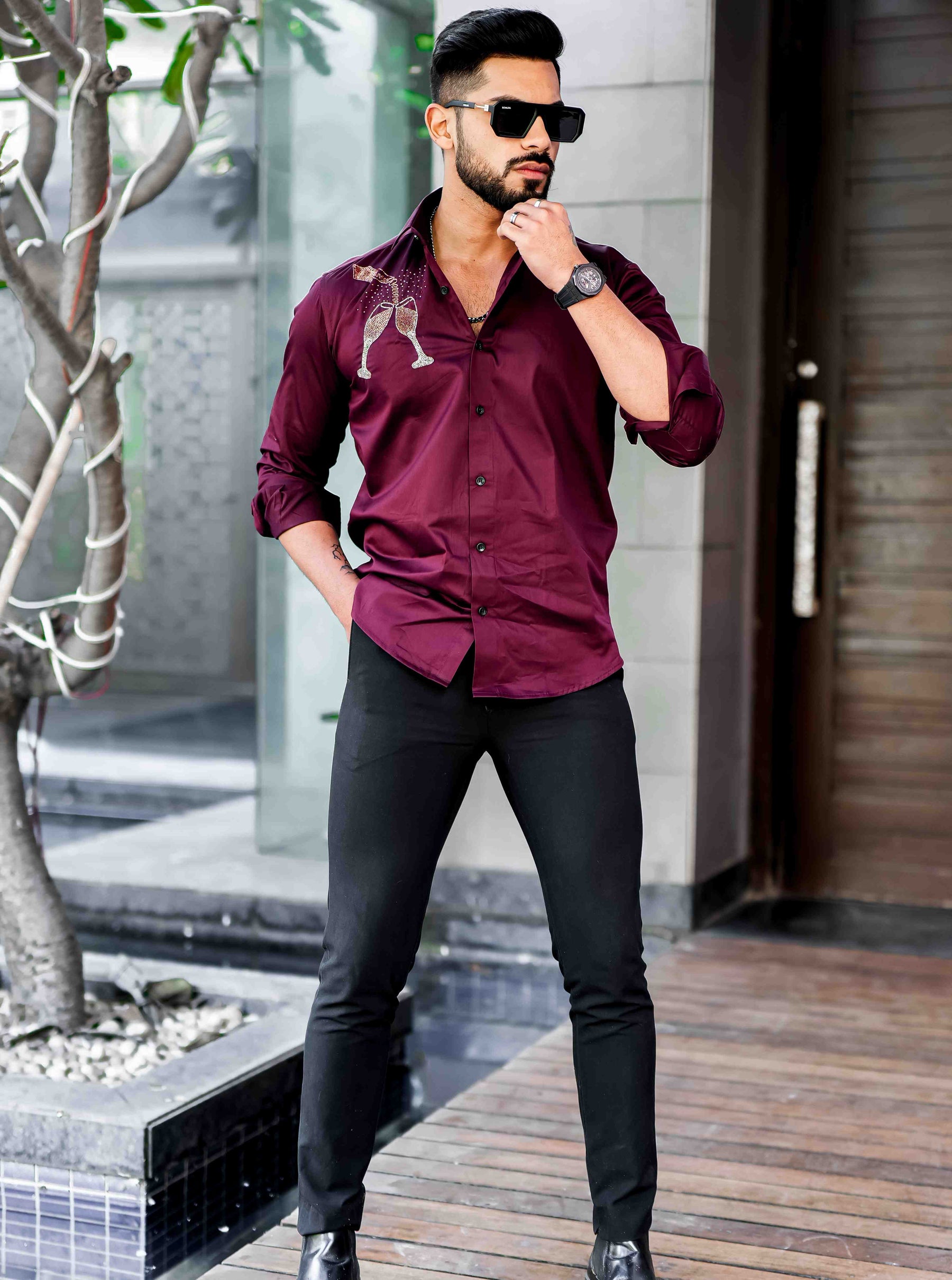 Maroon Rhinestone Hand Work Satin Cotton Premium Shirt