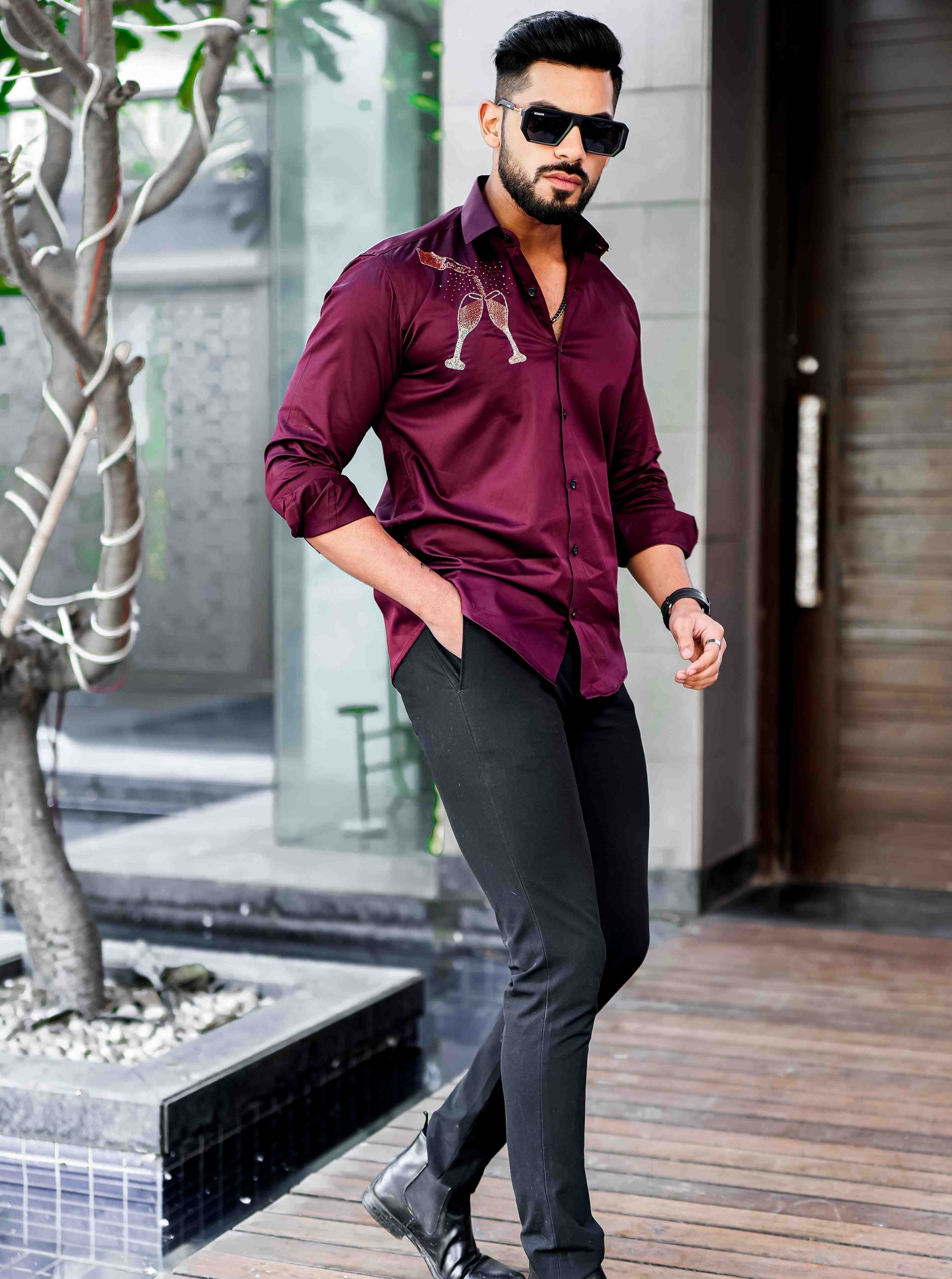 Maroon Rhinestone Hand Work Satin Cotton Premium Shirt