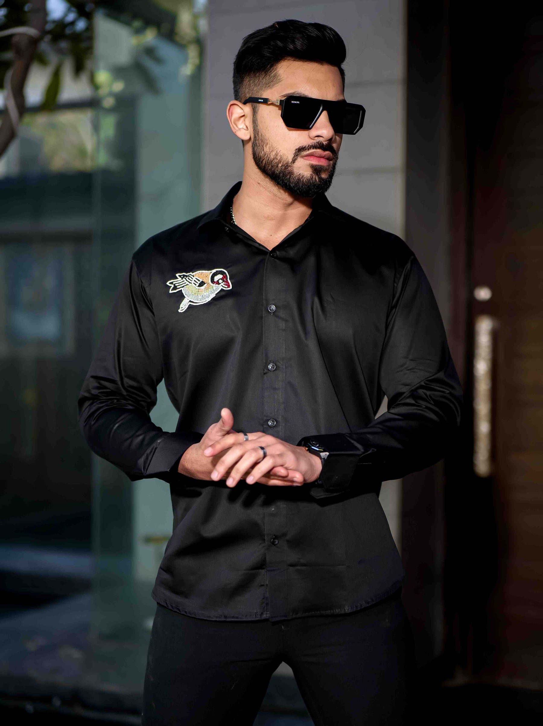 Black Rhinestone Party Satin Cotton Premium Shirt