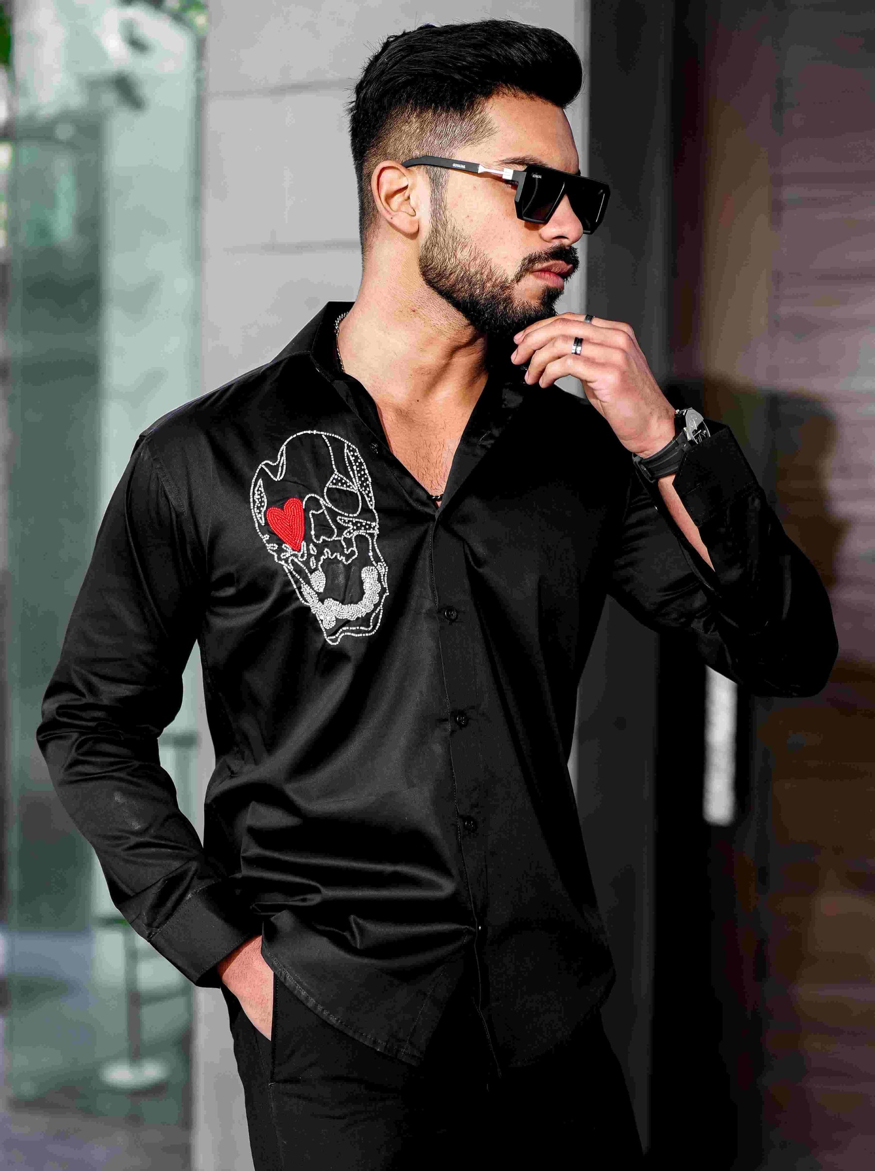 Black Rhinestone Party Satin Cotton Premium Shirt