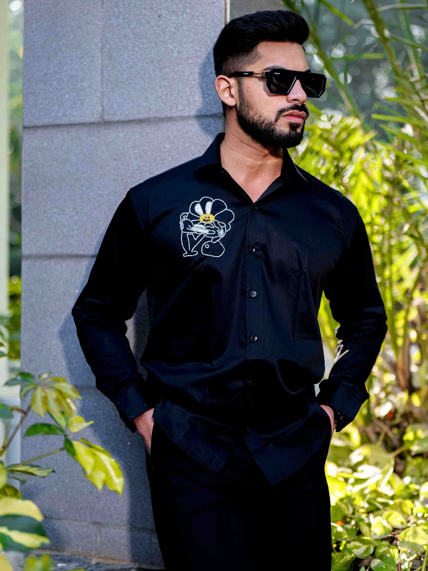 Black Rhinestone Party Satin Cotton Premium Shirt