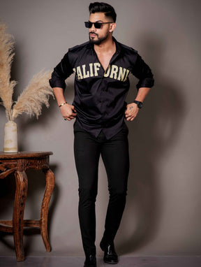 Black Club Wear Printed Satin Cotton Shirt