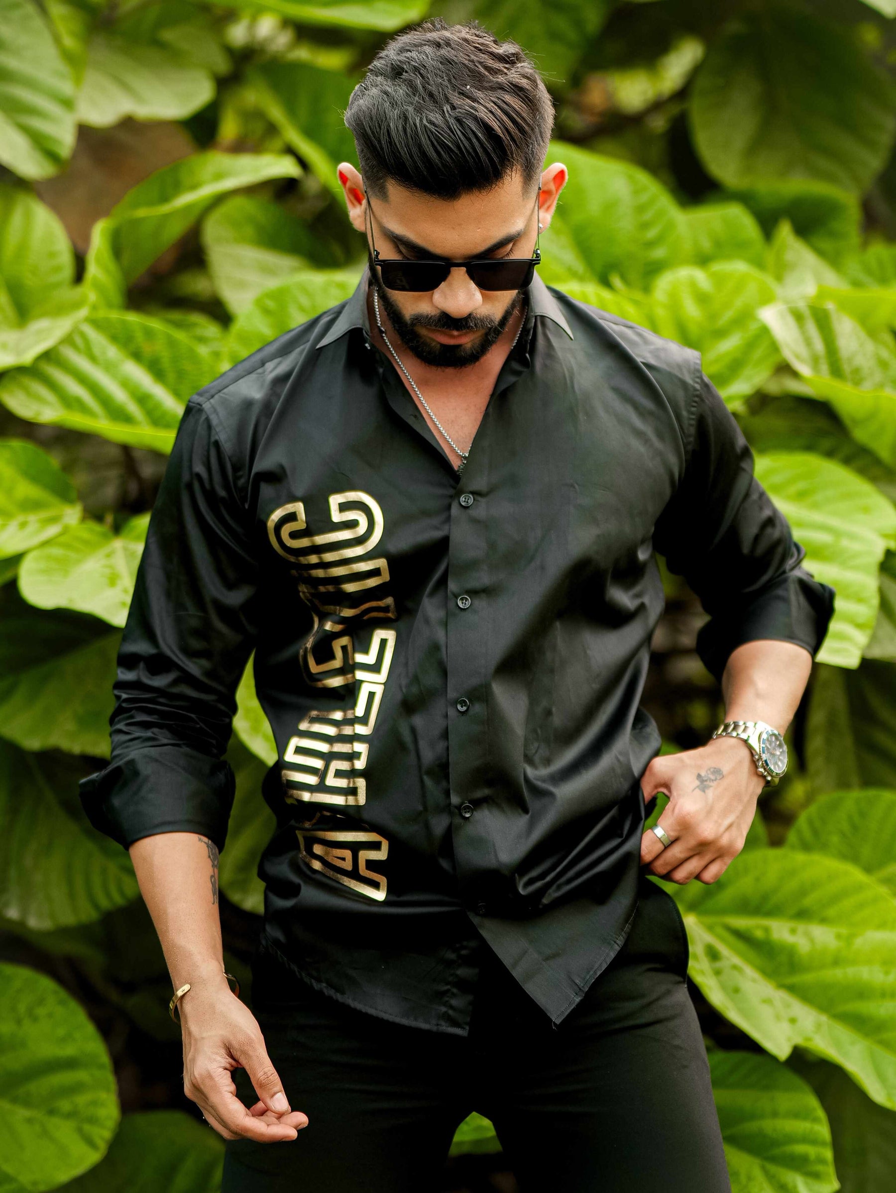 Black Club Wear Printed Satin Cotton Shirt