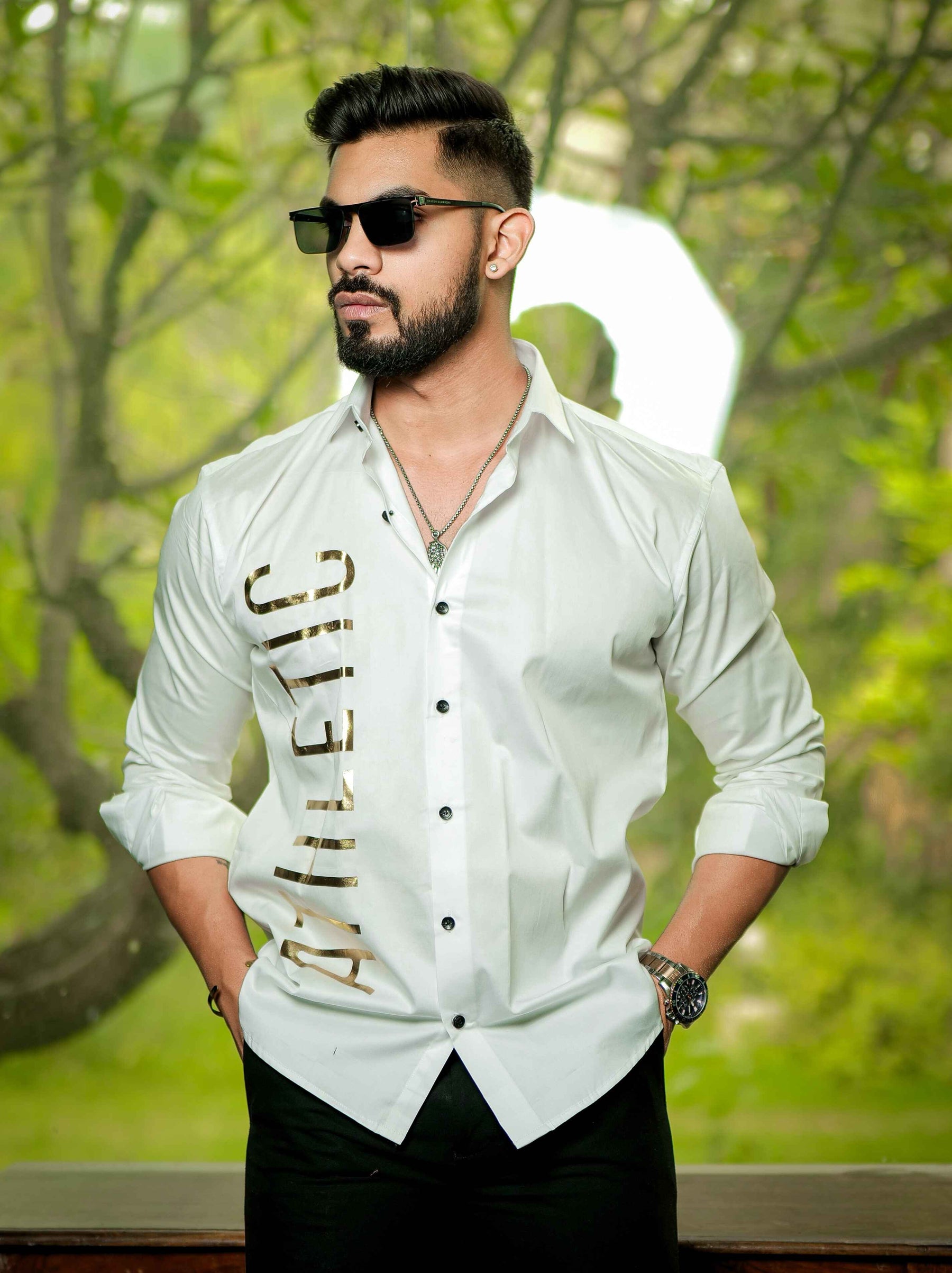 White Club Wear Printed Satin Cotton Shirt