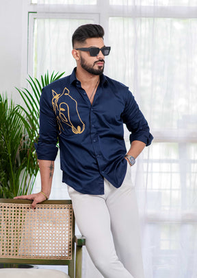 Blue Club Wear Printed Satin Cotton Shirt