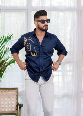 Blue Club Wear Printed Satin Cotton Shirt