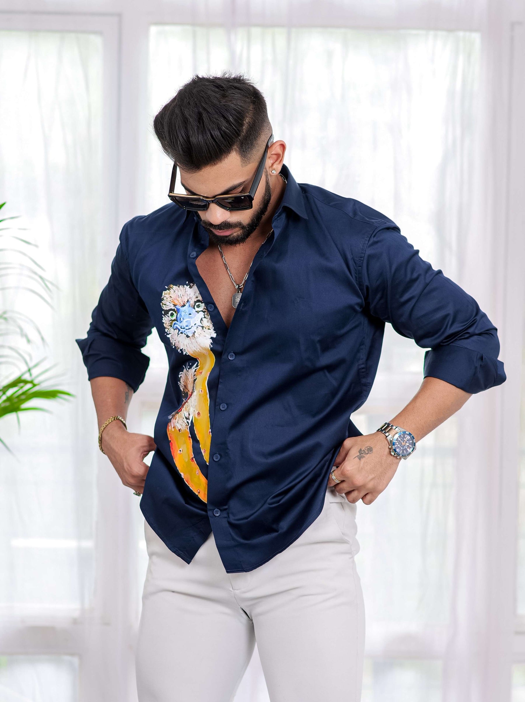 Navy Blue Club Wear Printed Satin Cotton Shirt